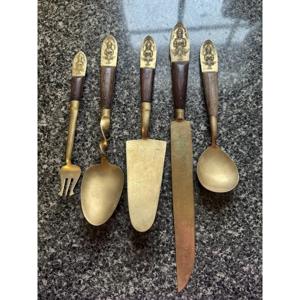 Set‎ Of 5 Vintage Thai Siam Brass Bronze Wood Handle Silverware Serving Utensils